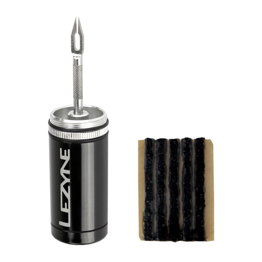 Lezyne Tubeless Kit sisältää paikkatyökalun ja tubeless-paikkausnauhat gravel-, maasto- ja maantiepyörän renkaiden korjaukseen.