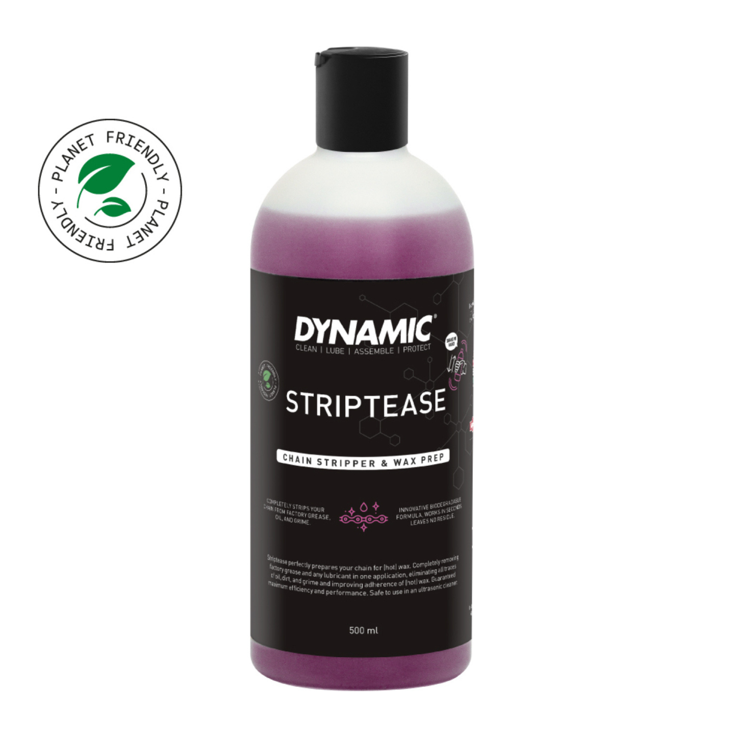 Dynamic Striptease Chain Degreaser 500 ml on biohajoava ketjunpuhdistusaine pyörän voimansiirron syväpuhdistukseen ennen voitelua tai kuumavahausta.