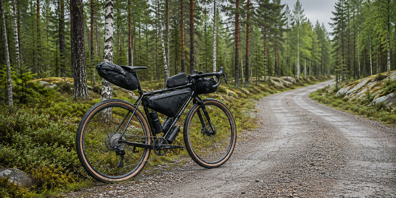 Gravel-pyörä bikepacking-varusteilla suomalaisella soratiellä metsämaisemassa