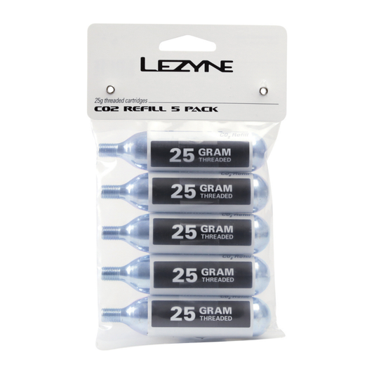 Lezyne CO₂ Cartridge 25 g vaihtopatruunat (5 kpl) tarjoavat nopean renkaan täytön CO₂-täyttöpäiden kanssa gravel-, maantie- ja maastopyöräilyssä.
