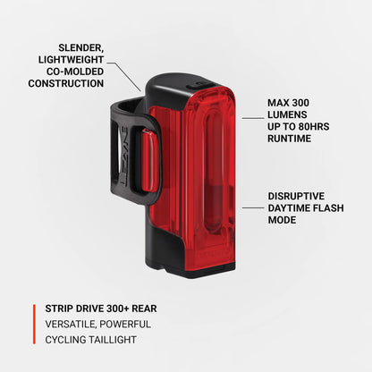 Lezyne Strip Drive 300+ takavalo, jopa 300 lumenin valoteho, pitkä akunkesto ja tehokas Day Flash -tila