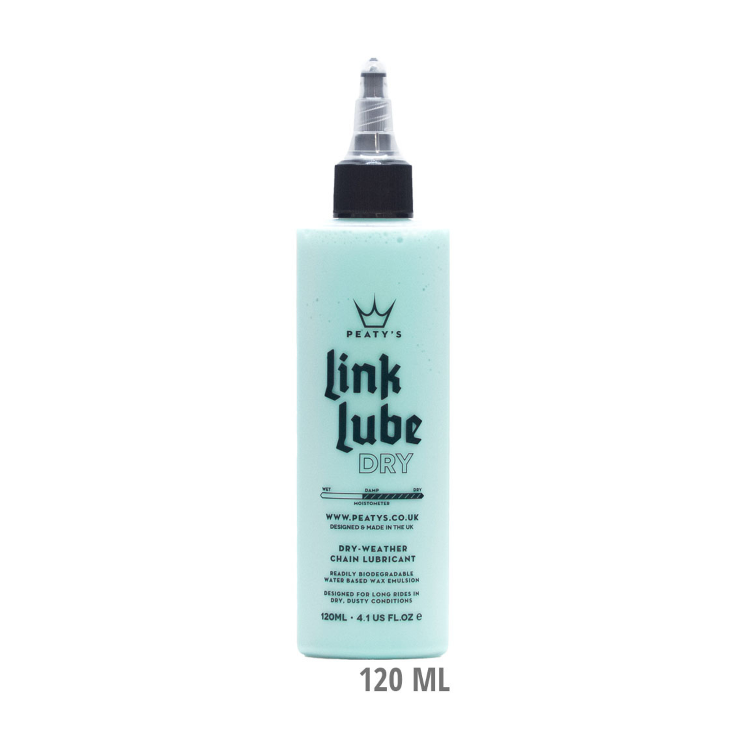 Peaty's LinkLube Dry ketjuöljy 120 ml kuivien ja pölyisten olosuhteiden gravel-, maantie- ja maastopyörän voimansiirron voiteluun