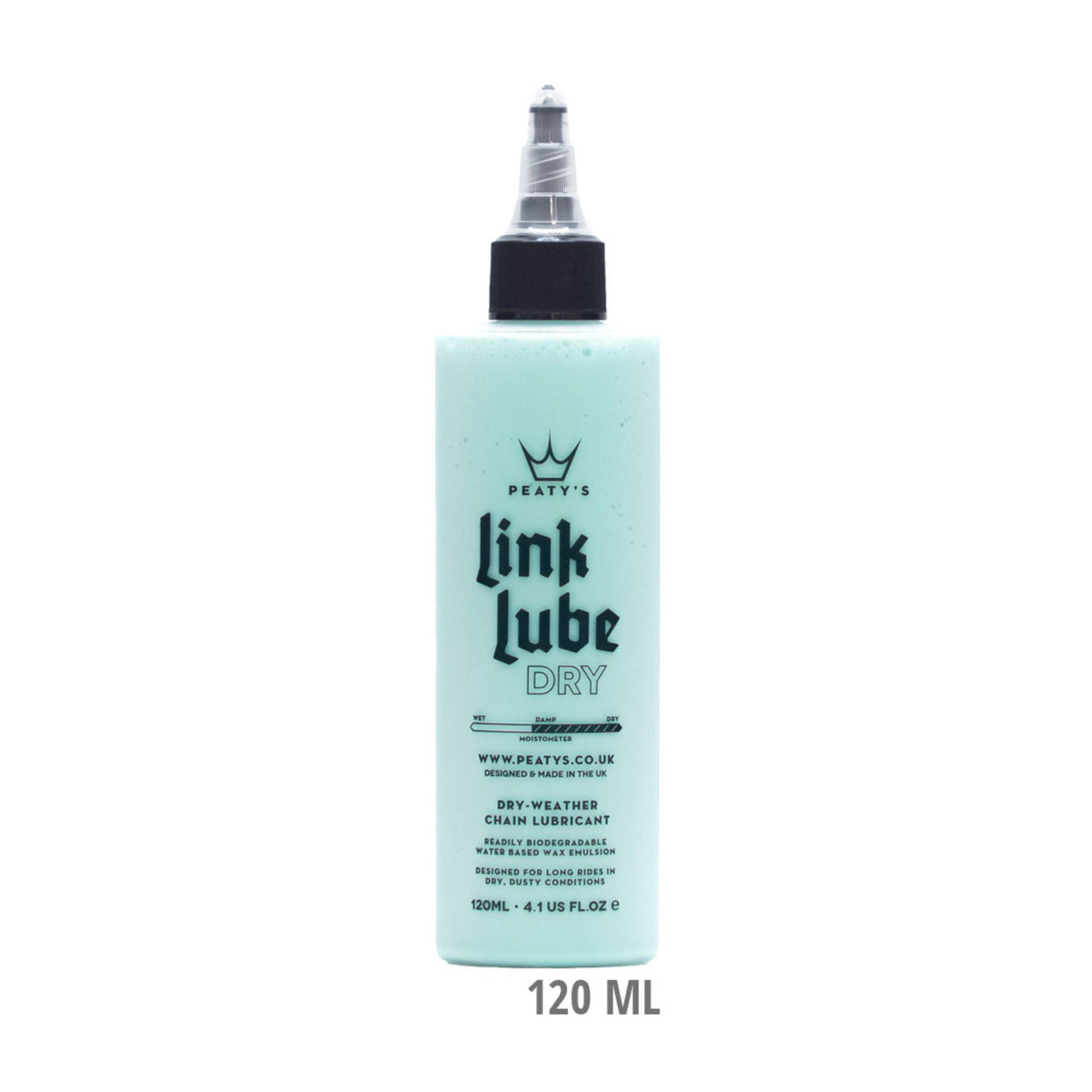 Peaty's LinkLube Dry ketjuöljy 120 ml kuivien ja pölyisten olosuhteiden gravel-, maantie- ja maastopyörän voimansiirron voiteluun
