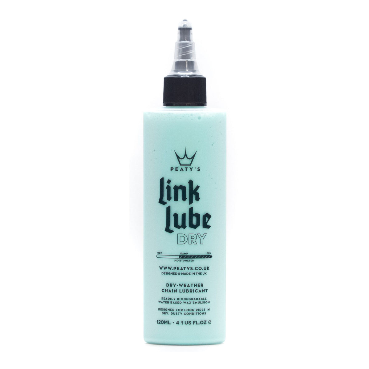 Peaty's LinkLube Dry ketjuöljy 120 ml kuivien ja pölyisten olosuhteiden gravel-, maantie- ja maastopyörän voimansiirron voiteluun