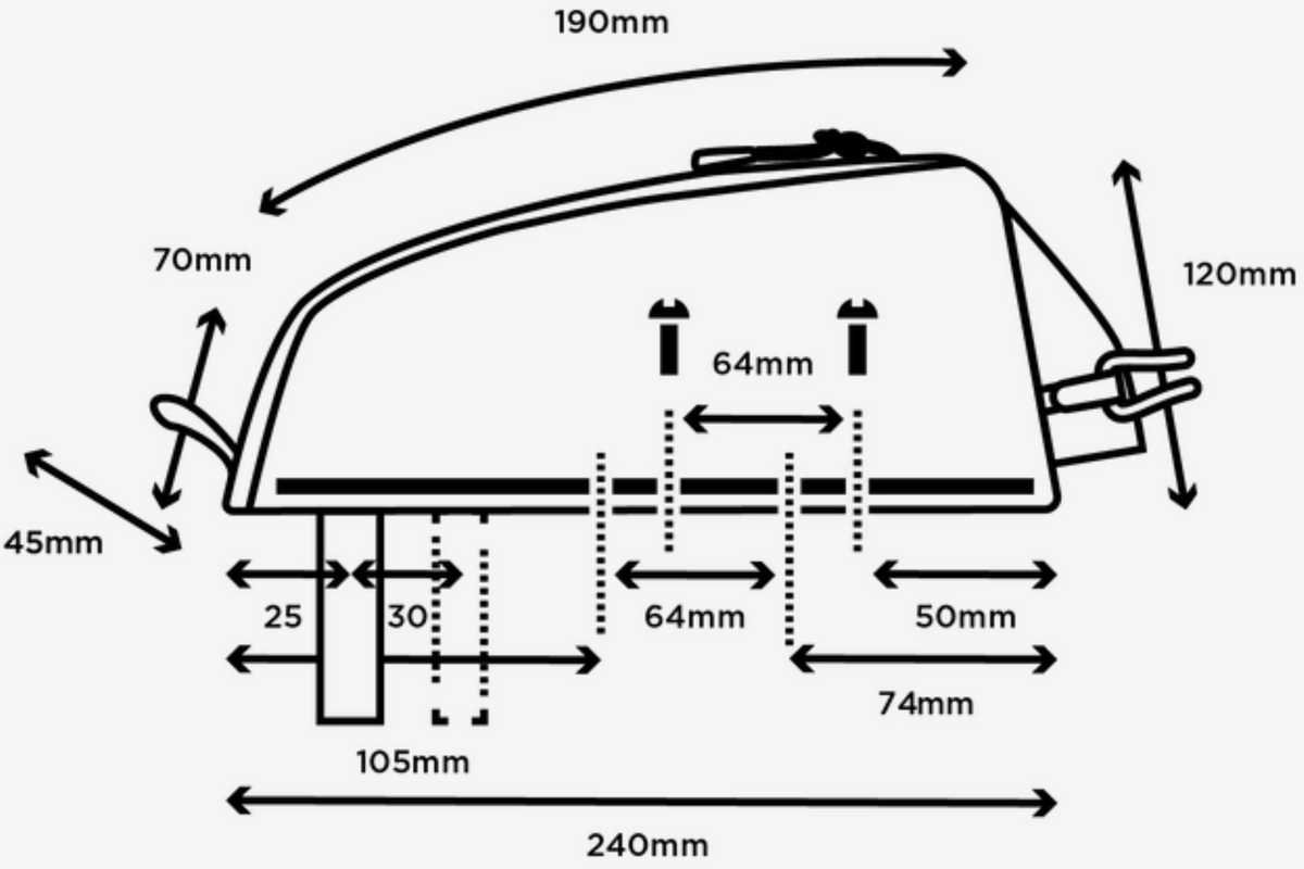 Restrap Adventure Race Top Tube Bag Short 1,2 l vedenpitävä runkolaukku yläputkeen mitat
