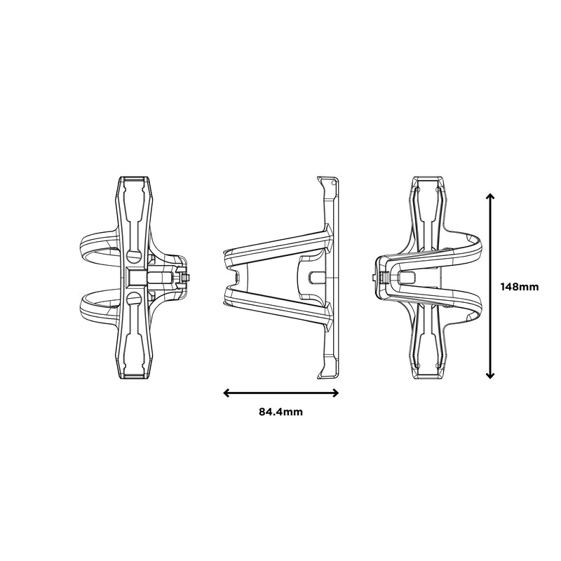 Restrap Side Release Bottle Cage -juomapullotelineen mitat 148 × 84,4 mm ja koko-opas gravel- ja bikepacking-pyörään