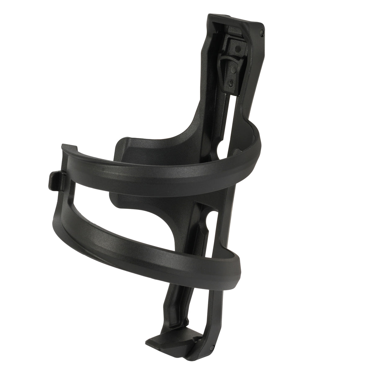 Restrap Side Release Bottle Cage musta sivulta ladattava juomapulloteline ja juomapullo asennettuna gravel-pyörän runkoon