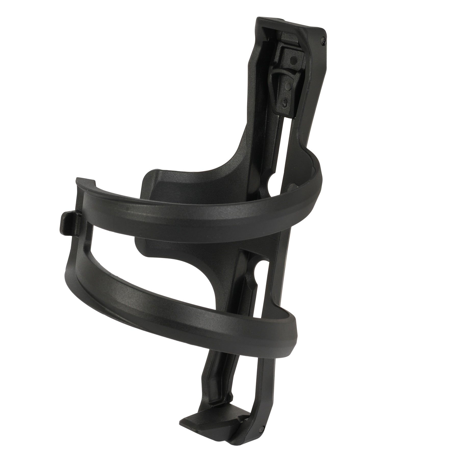 Restrap Side Release Bottle Cage musta sivulta ladattava juomapulloteline ja juomapullo asennettuna gravel-pyörän runkoon