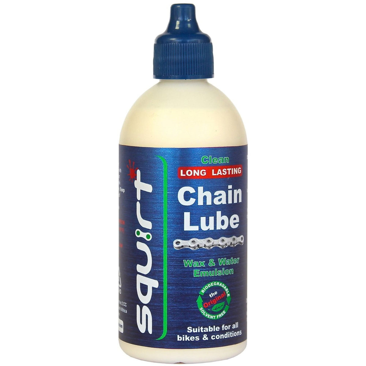 Squirt Long Lasting Chain Lube -polkupyörän ketjuvaha 120 ml pullossa. Vahapohjainen ketjuvoiteluaine pitämään voimansiirto puhtaana Suomen olosuhteissa.