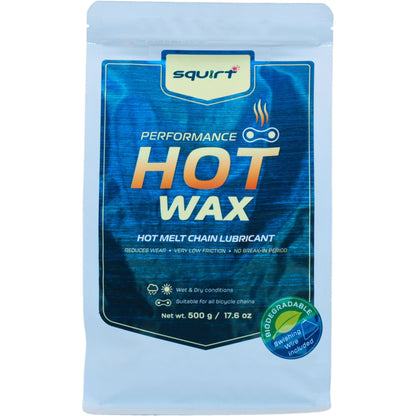 Squirt Performance Hot Wax 500 g hot wax -ketjuvaha. PFAS-vapaa kuumavaha puhtaaseen voimansiirtoon, alhaiseen kitkaan ja pitkään voiteluväliin gravel-, maantie- ja maastopyöräilyssä.