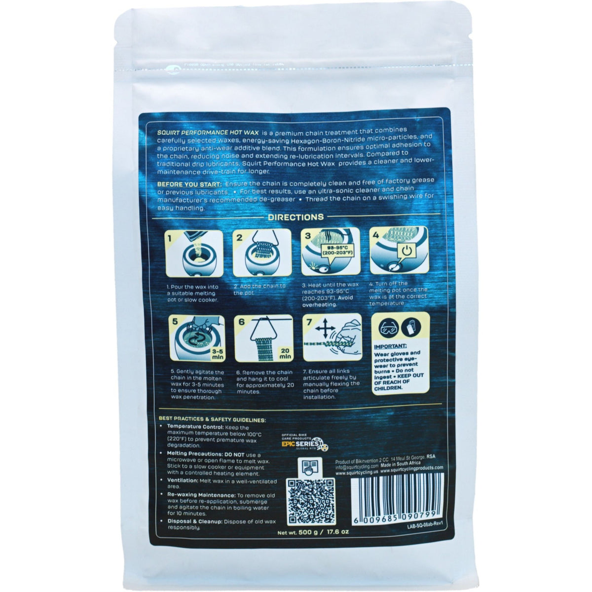 Squirt Performance Hot Wax 500 g kuumavahan käyttöohje ja tuotetiedot. Hot wax -ketjuvaha ketjun vahaukseen, voimansiirron suojaukseen ja pitkäkestoiseen voiteluun.
