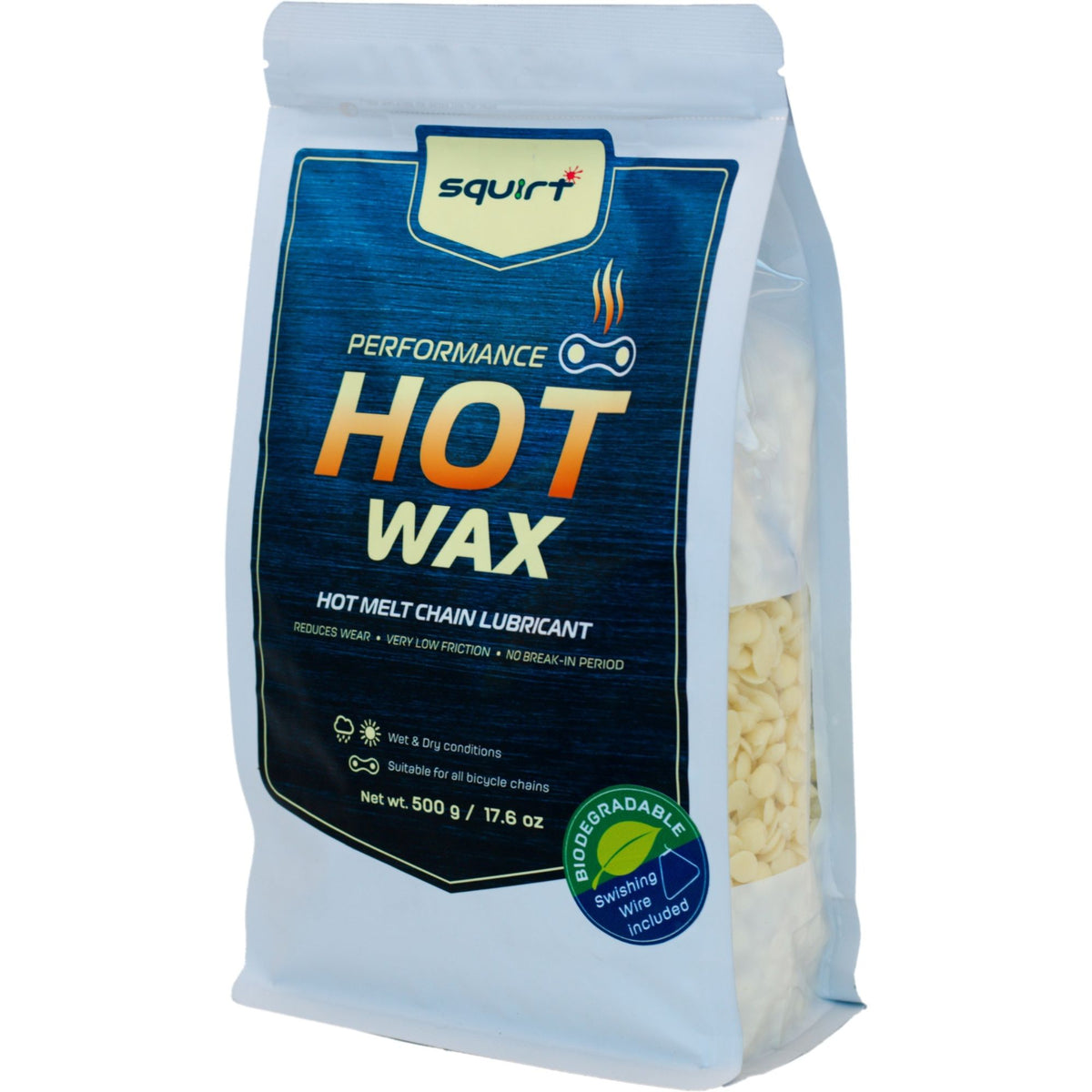 Squirt Performance Hot Wax 500 g kuumavaha polkupyörän ketjuille. Suorituskykyinen hot wax -ketjuvaha gravel-, maantie-, maasto- ja sähköpyöräilyyn pitkäkestoiseen voimansiirron voiteluun.